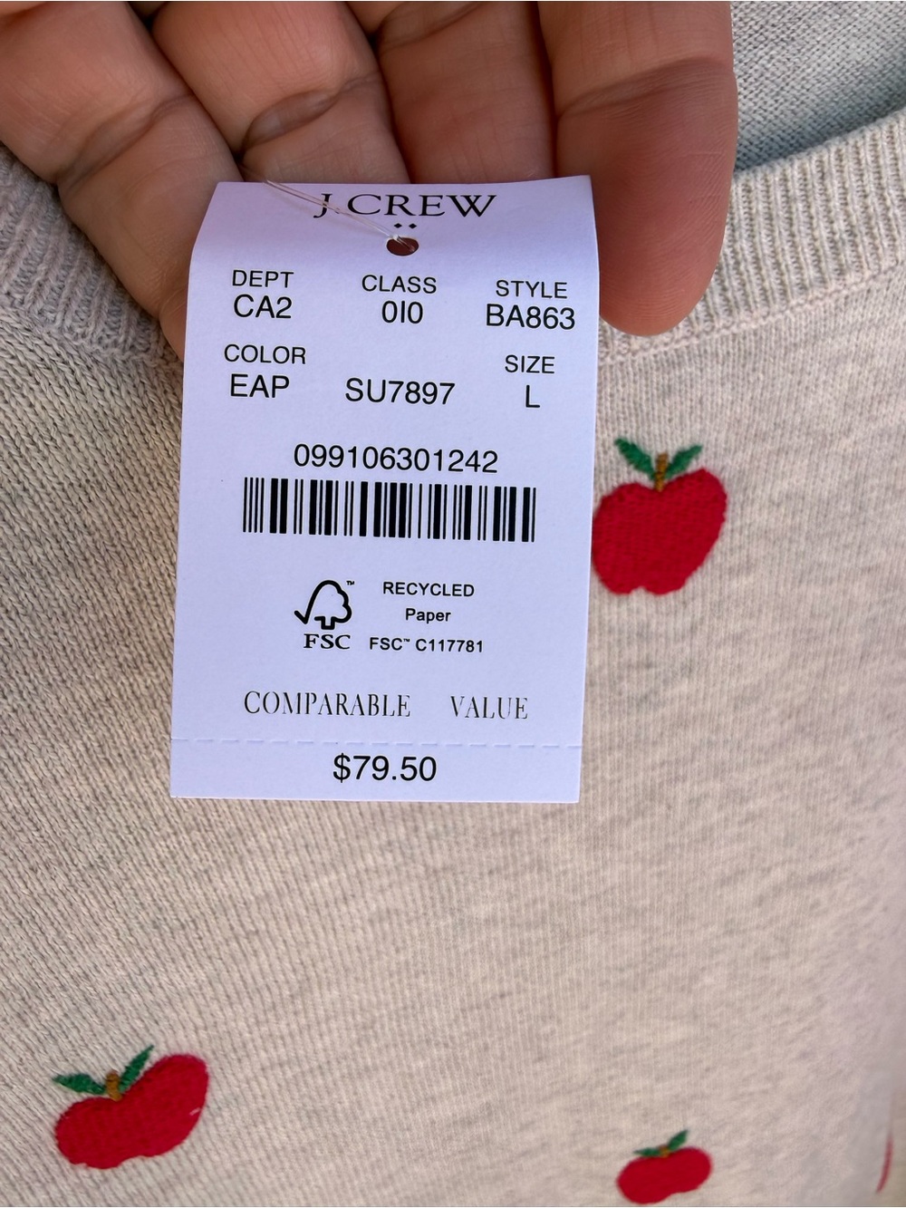 J. Crew Cream Sweater with Red Apple Embroidery- women’s size L- NWT - Picture 2 of 3